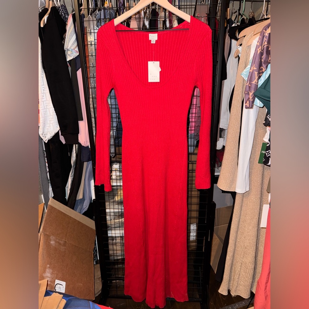 a new day Red Ribbed Long-Sleeve Maxi Dress